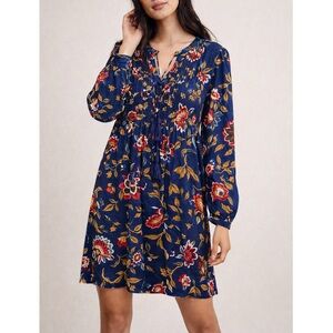 Old Navy Blue Floral Babydoll Dress Pintuck Tassel Tie Neck Long Sleeve Boho XL